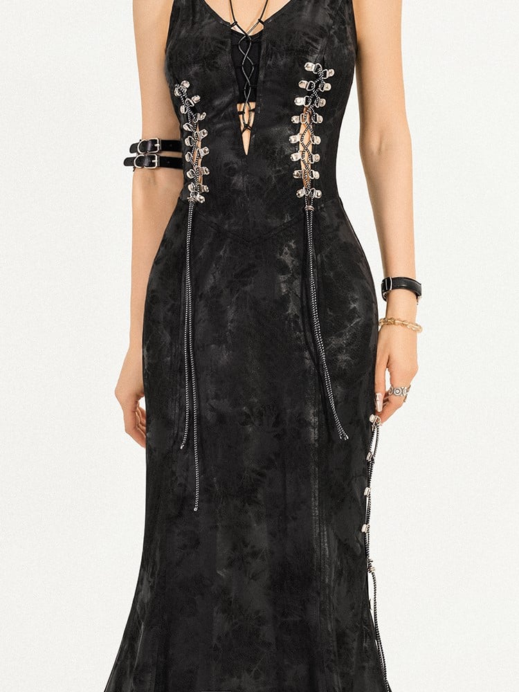Dress Gothic Midi Slip Chain Slit High Suede Black Thigh with