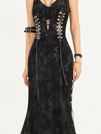 Dress Gothic Midi Slip Chain Slit High Suede Black Thigh with