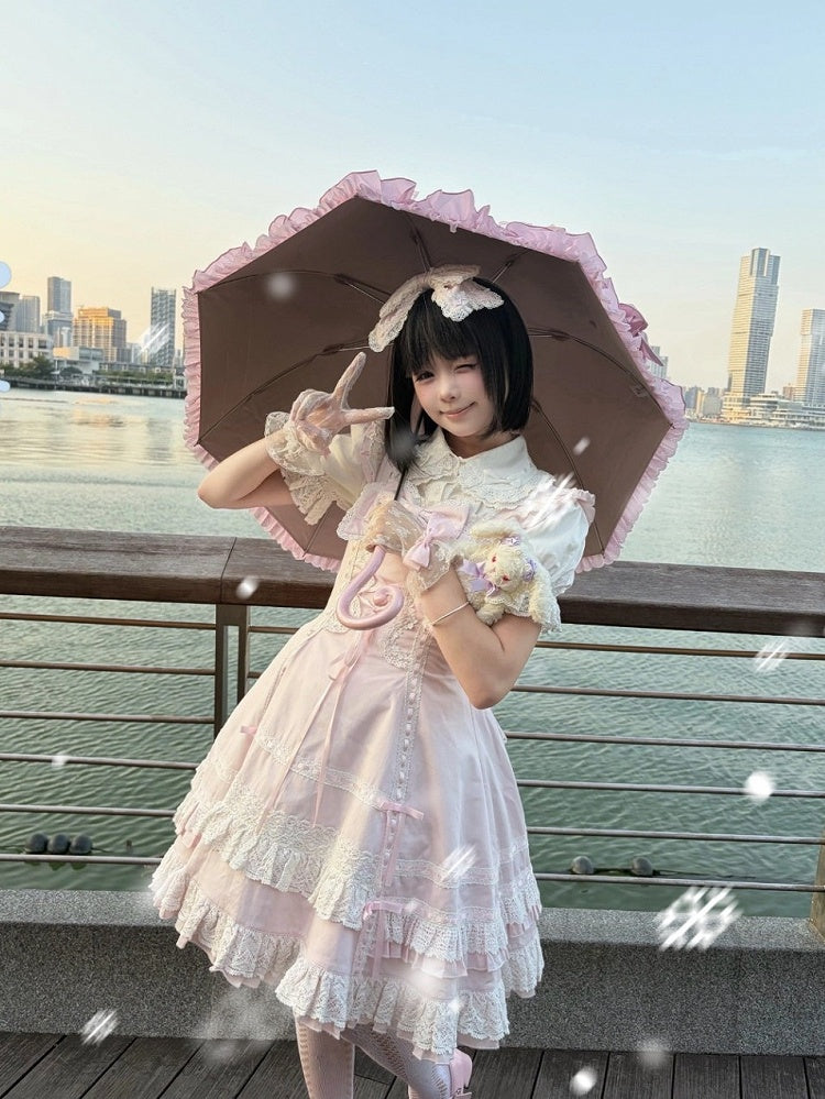 Snowy Pink Cotton JSK Dress with Ruffle Edging