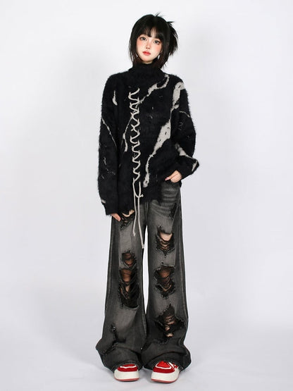 Vintage Dark Aesthetic Turtle Neck Sweater with Lace-Up Design