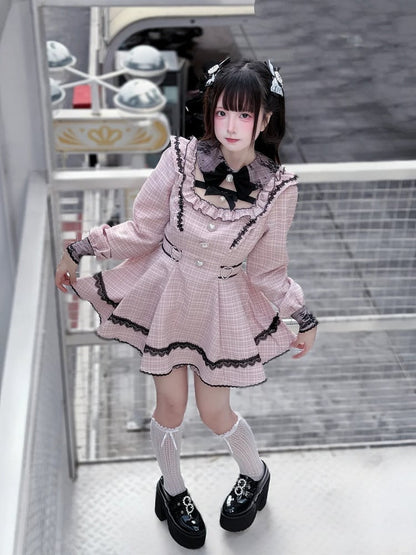Jirai Matching Sweet Pink with Collar Outfit: Shorts Kei Detachable Two-Piece Tweed Puff Plaid Dress