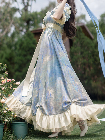 Stück Lolita Maxi One Kleid Taille Elegante Klassische Malerei Blau Empire Öldruck