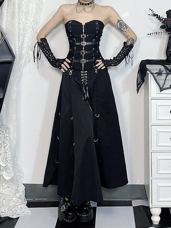 Hook Detail Front Halloween with Midi Skirt Cyberpunk Lace-Up Black Gothic