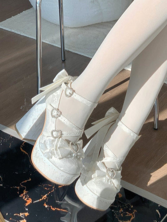 Mary Janes Chunky Bow Sophisticated Decor - White Lolita Heel