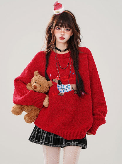 Christmas Red Cute Dachshund Round Neck Loose Sweater