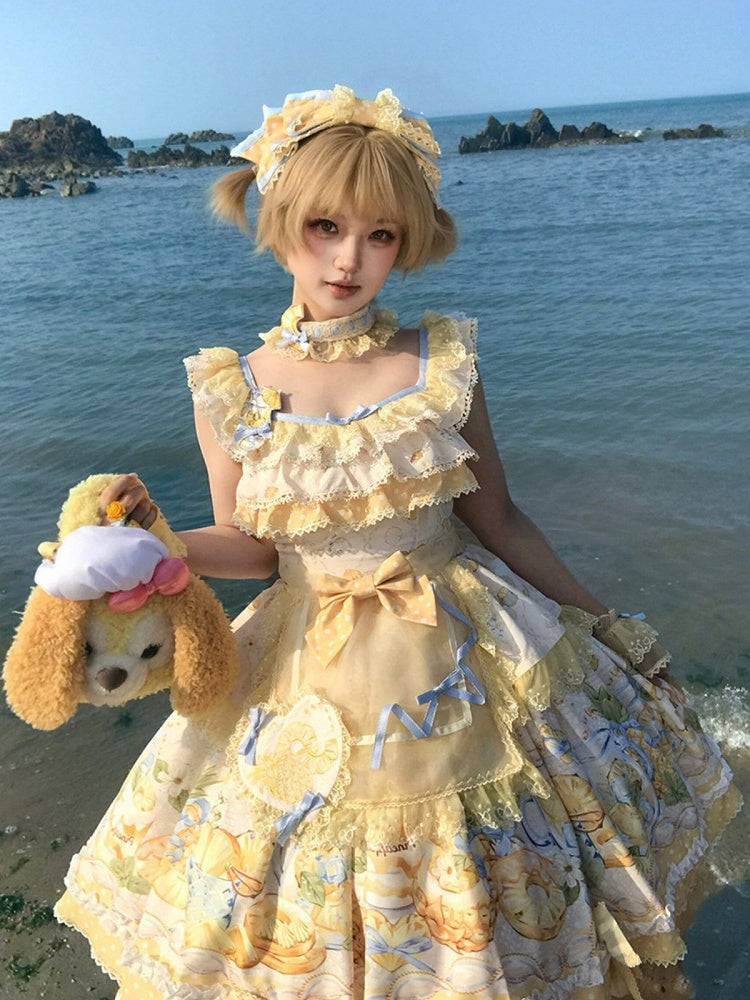 Yellow & Blue Polka Dot Fruit Print Lolita JSK Dress with Lace Details - Badoni B DOLLY Original Design