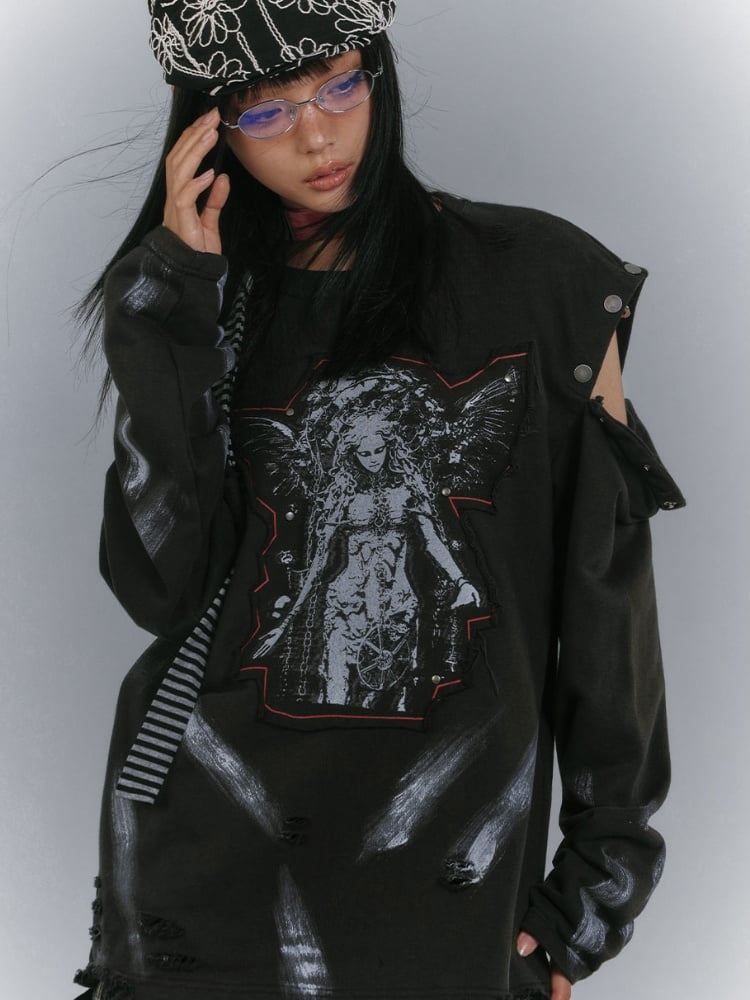 ダメージ加工スウェットシャツデザイン ブラックカットアウトショルダー フェードウォッシュアップリケ