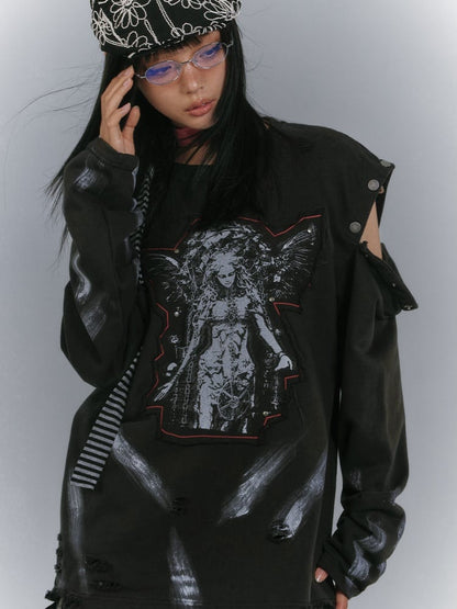 ダメージ加工スウェットシャツデザイン ブラックカットアウトショルダー フェードウォッシュアップリケ