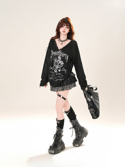 V-neck Cross Print Sun Protection Coverup Black/White