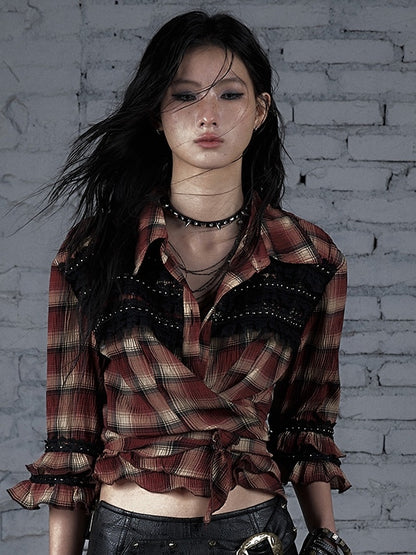 ウェイストランドシャツパターンパンクトリムチェック柄レースレッド