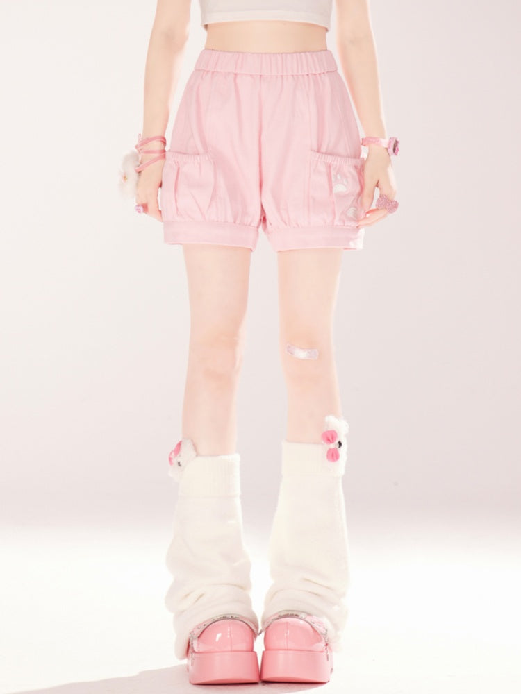 Elastic Waist Shorts Paw Embroidery Pink/Blue/Black Kitty