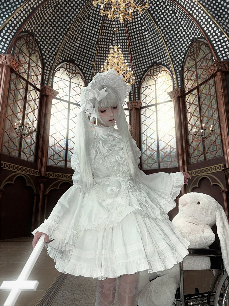 White Short Bowknots Ruffled with Dress Lolita Gothic Heart-shaped Decoration Version JSK and