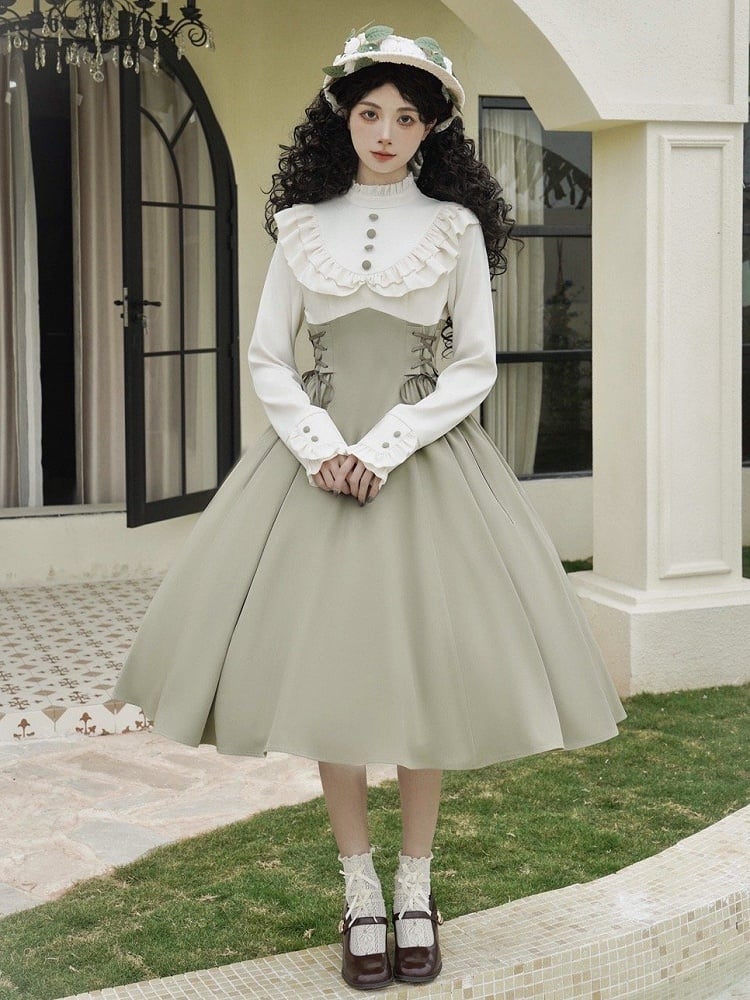 Light Green and Beige Ruffle Neckline Long-Sleeve Spring Classic Lolita Dress Layered-Look