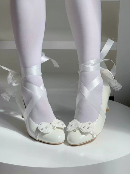 White Lolita Beads with Mid-Heel Bow - Scalloped Shoes Shell Elegant Inspired Details Edge