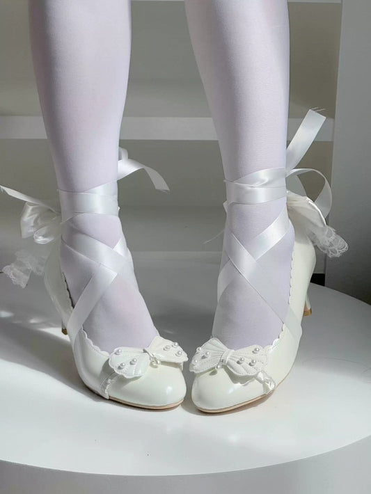 White Lolita Beads with Mid-Heel Bow - Scalloped Shoes Shell Elegant Inspired Details Edge