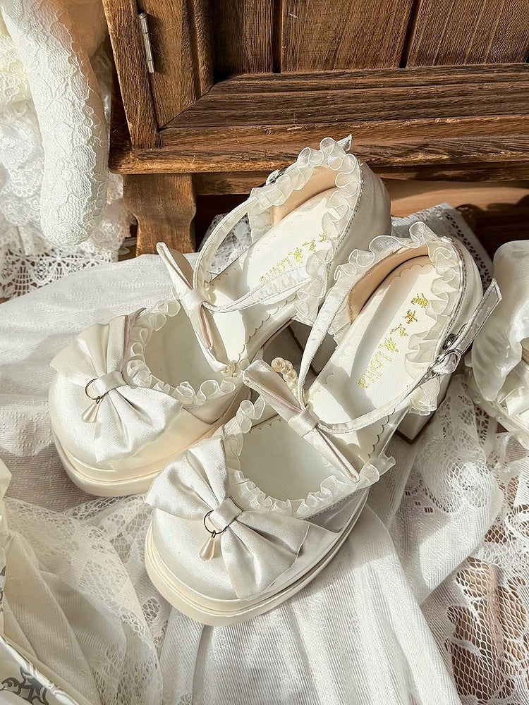 White Platform Round Toe Shoes with Pearl Chain & Lace Bow Accent 12cm Heels - Witch's Night