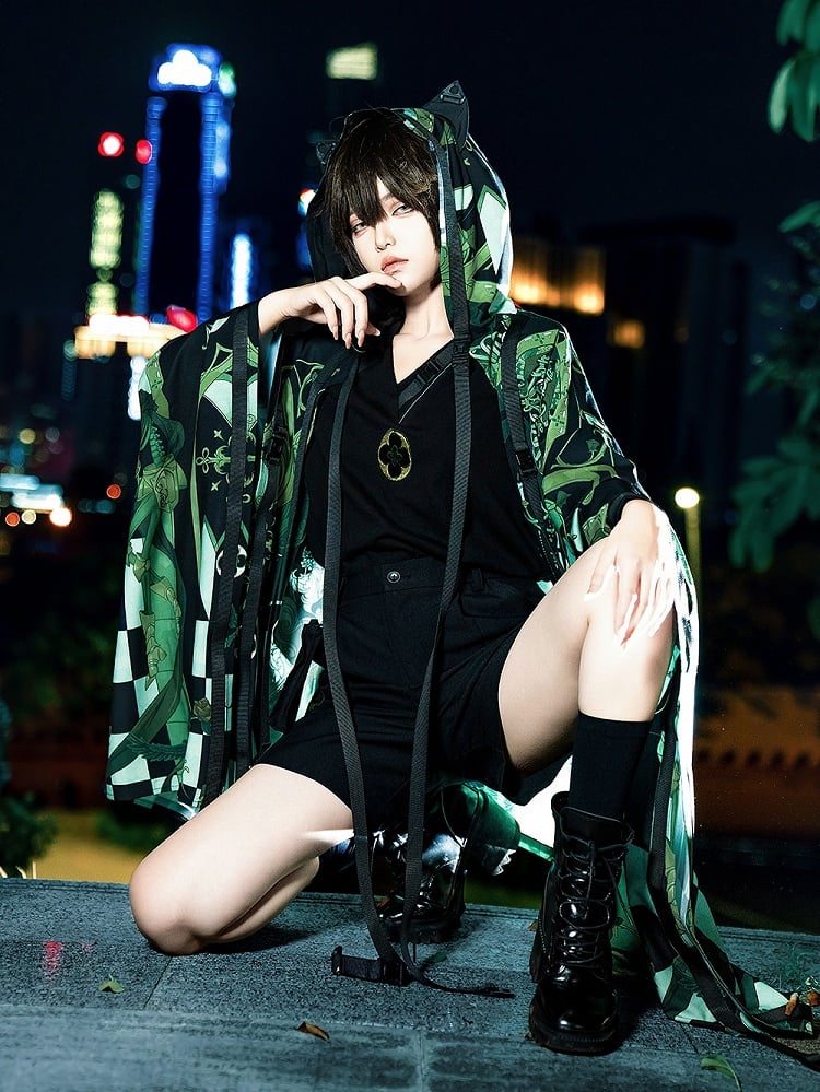 Ohren Riemchenmode Grün Cyberpunk Schnalle Kapuzentop Details Ouji Cat Techwear