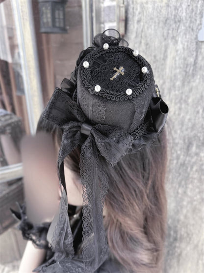 Details Mini Hat Black Lace Bow Bead