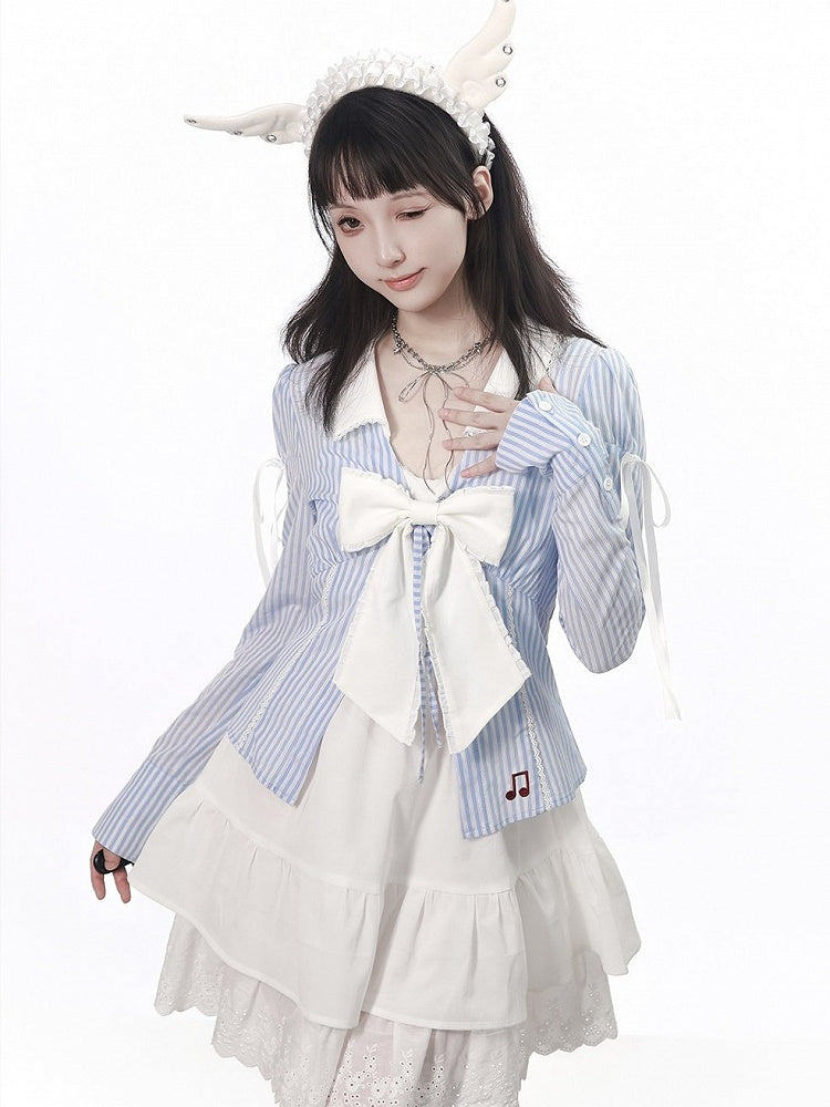 Sky Blue Embroidered Stripe Blouse with Lace Collar and Music Motif - PINK SAVIOR