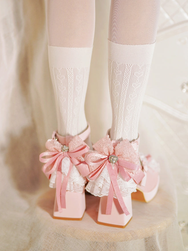 Rosa High Trim Lace Heels Herz Top Schleife an Block Schnallen geknotet