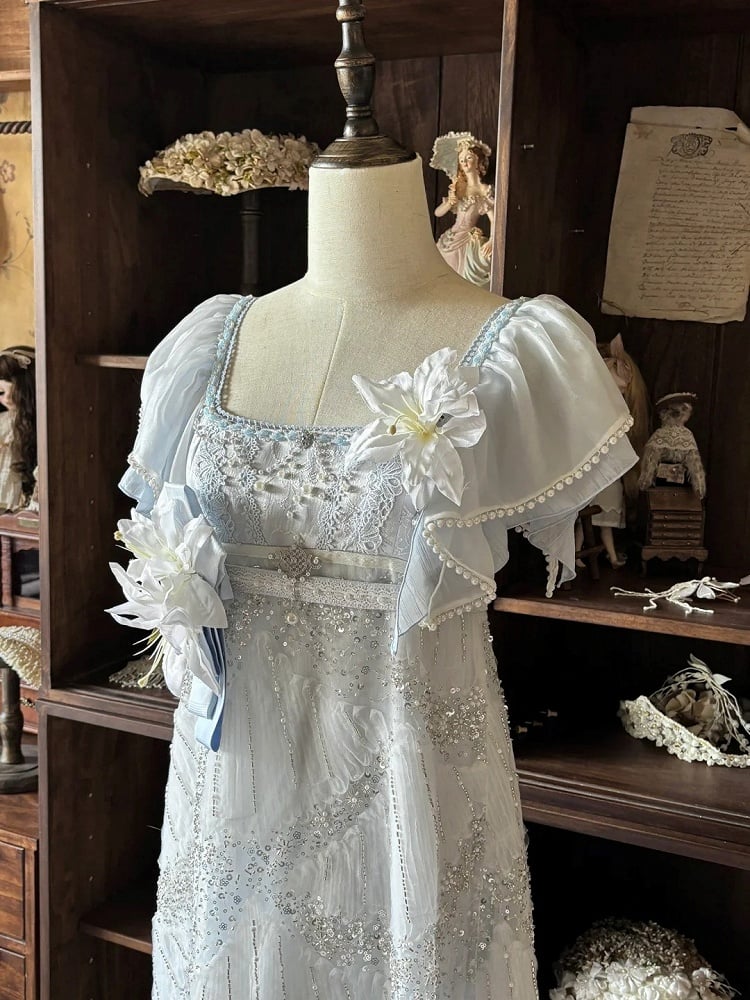 Blue Empire Waist Flutter Sleeves Sequins Bead Dress - Iris fleur