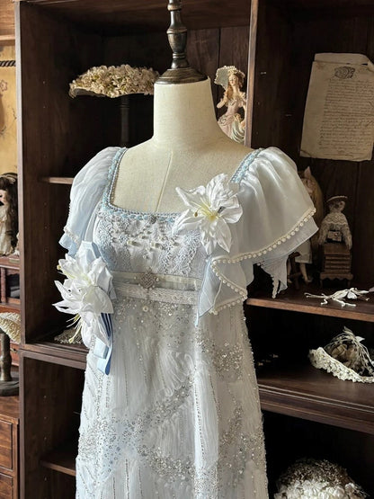 Blue Empire Waist Flutter Sleeves Sequins Bead Dress - Iris fleur