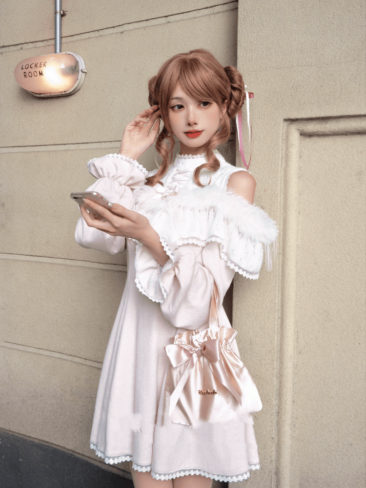 Clean Knit Pink Shoulder Innocent Aesthetic Kei Jirai Two-Way - Open Fuzzy Dress