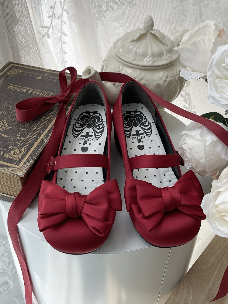 Lolita Red Ankle Round Bow Top Elegant Mary Lace-up Toe at Janes Satin Heel Mid