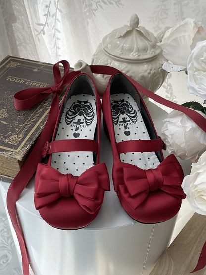 Lolita Red Ankle Round Bow Top Elegant Mary Lace-up Toe at Janes Satin Heel Mid
