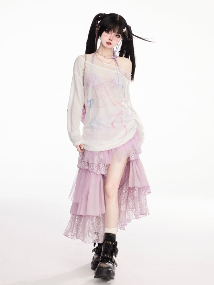 Design Waist Semi-Sheer Coverup White Asymmetrical Neckline Bowknot