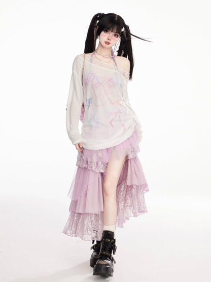 Design Waist Semi-Sheer Coverup White Asymmetrical Neckline Bowknot