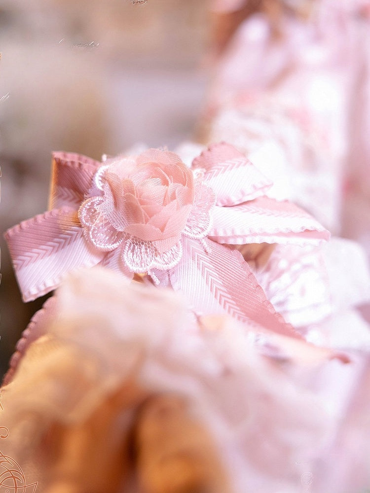 Pink Bow Lolita Wrist Light Lace-Trimmed Pink/Rose with and Cuffs Flower Accents