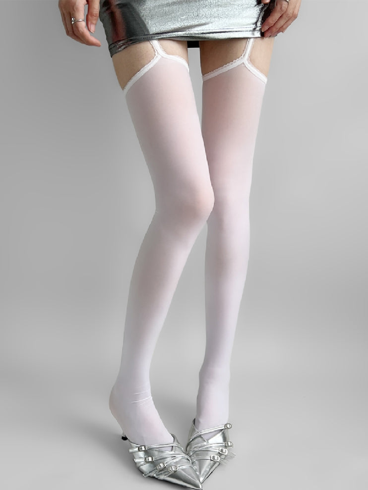 Strapsstrümpfe mit Spitzenbesatz in Weiß/Lila/Grau/Schwarz