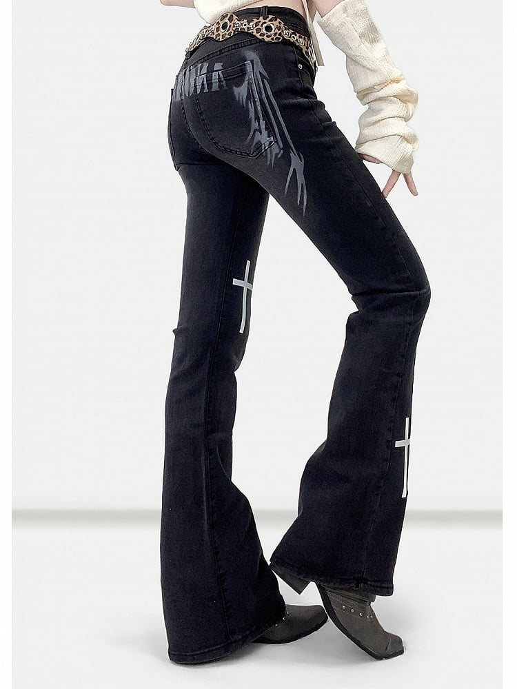 Flare Black Wings Print Y2K Jeans und Silhouette Kreuz