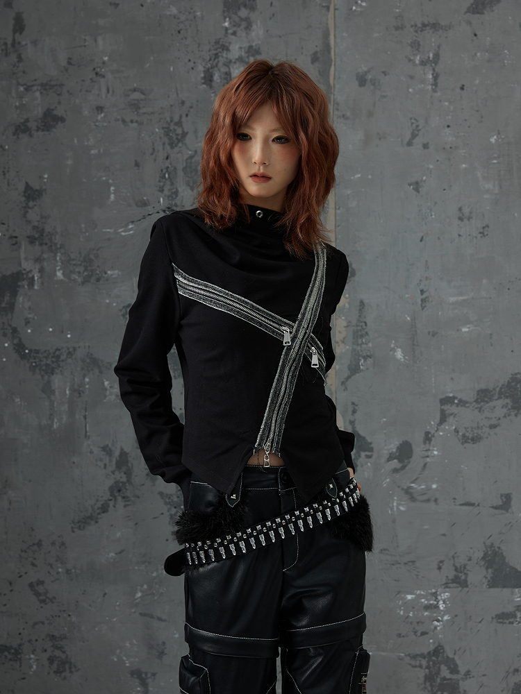 Strickjacke mit Denim-Patchwork-Reißverschluss-Akzenten, schwarzer Punk-Kreuzstrick mit Kapuze