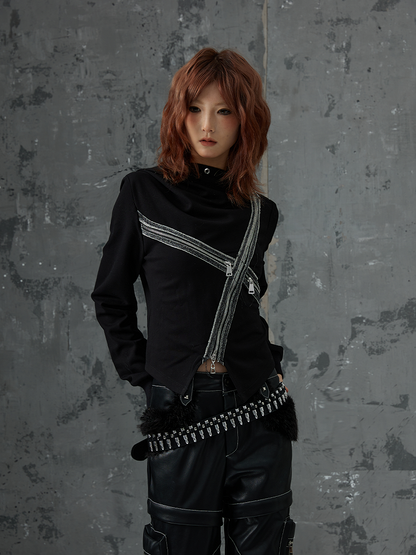 Strickjacke mit Denim-Patchwork-Reißverschluss-Akzenten, schwarzer Punk-Kreuzstrick mit Kapuze