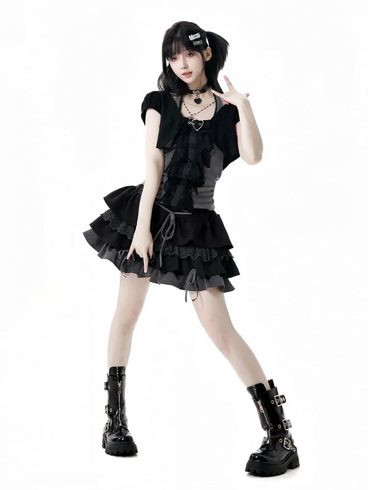 Schwarz-grauer glamouröser Stufenrock mit Schnürdetail