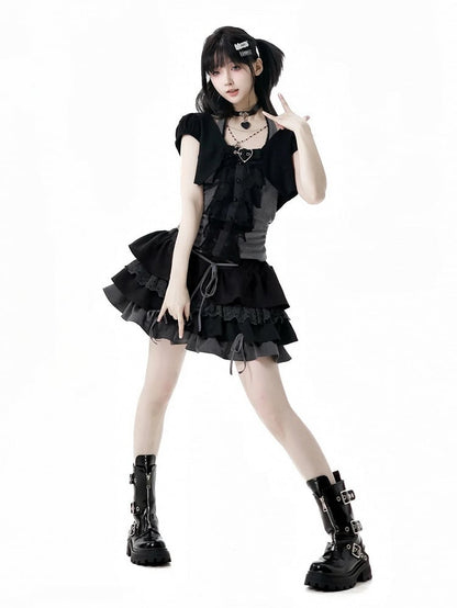 スカート クロップドトップ + ホルターネックトップ + ティアードスリーブ Y2K ブラック &amp; グレー 3ピースセット - ショート