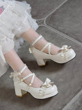 Block Heels with Charm Star Heart White Trim Buckles Lolita Ruffles Top Mid Bow