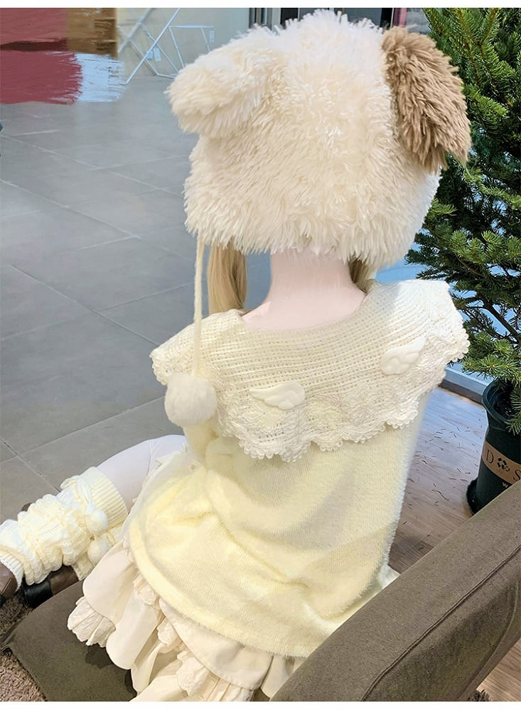 イエローのラウンドフラットカラーセーター+ホワイトカーディガン+ダブルトリプルレイヤー裏地付きスカート