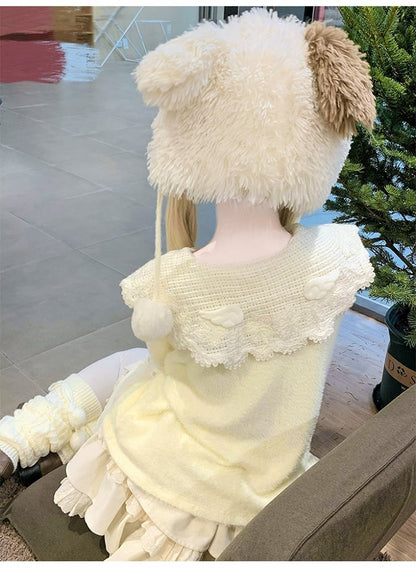 イエローのラウンドフラットカラーセーター+ホワイトカーディガン+ダブルトリプルレイヤー裏地付きスカート