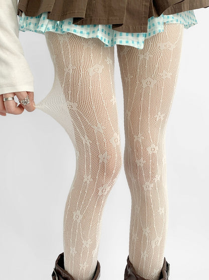 Tights Hollow-out Details Design Floral Beige