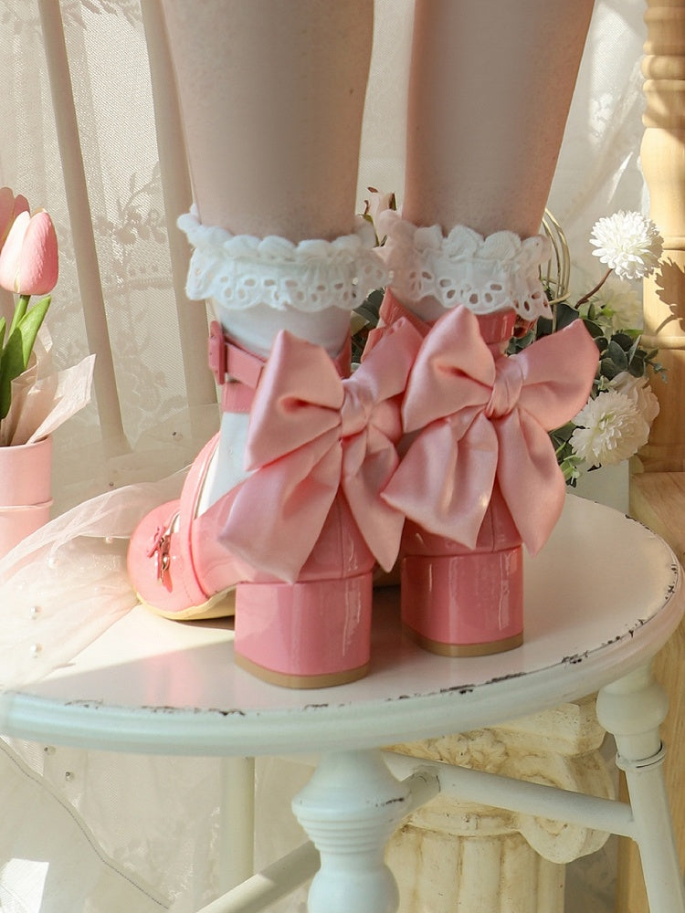 PU - Accent Sweet Bow Design Deep Crisscross Mid-heel Lolita Pink Shoes