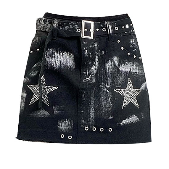 Star Cross Applique Skirt With Glamorous Black Y2K Rhinestone Leg Warmers