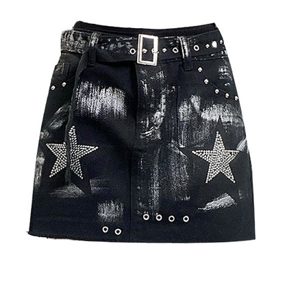 Star Cross Applique Skirt With Glamorous Black Y2K Rhinestone Leg Warmers