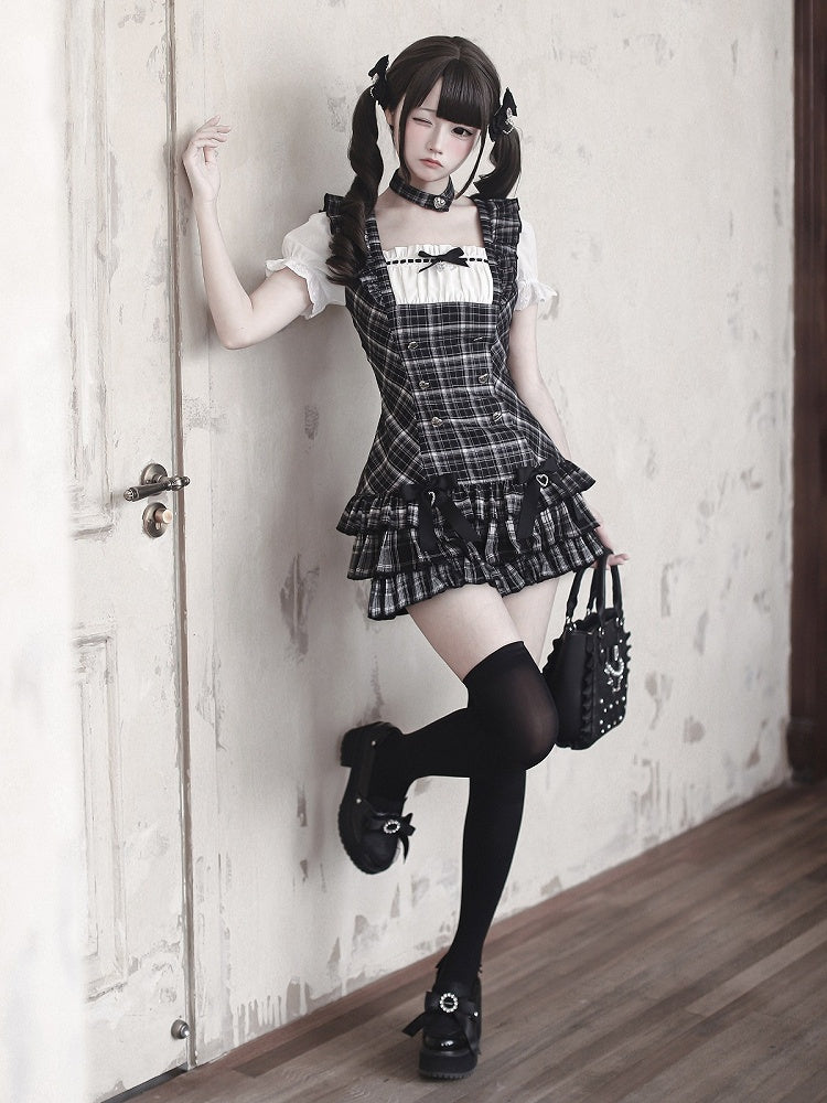 Black Plaid Square Neck Puff Sleeve Low-Waist Dress and Shorts Set - Ekomi