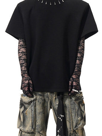 Studded T-shirt Shoulder Men Black for Padding Design with