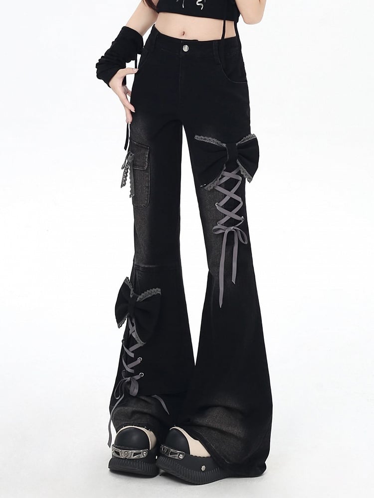 Flare Lace-Up ow Accents Detail Jeans Y2K Silhouette Black with Design
