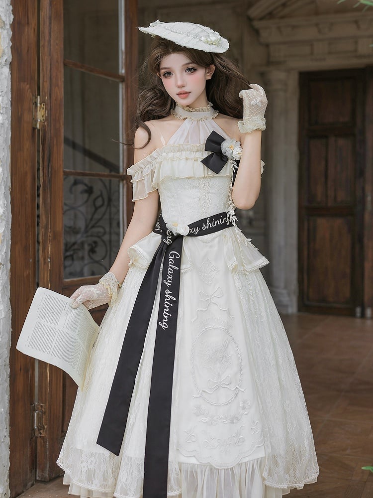 Beige Halter Neck Floral Embroidery Elegant Classic Lolita Dress with Bow - Unknown Star