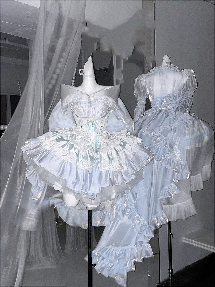 Korsettgürtel mit Schleppe, gestufte Rüschen, Satin, Hime Lolita, Hellgrün